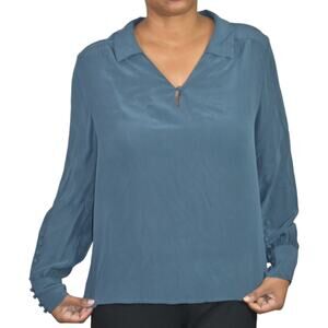Wrap London Silk Blouse Blue Top Loose Fit Collared Tunic Shirt Muted Neutral 10